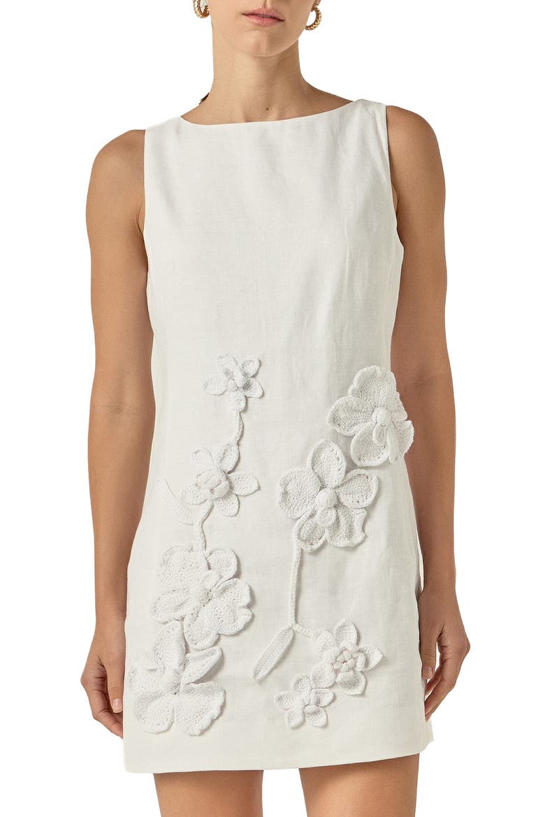 Crochet Flower Linen Minidress, Main, color, OFF WHITE