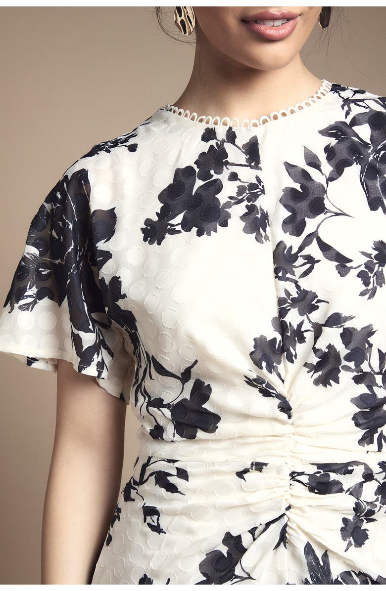 Wallis Floral Jacquard Cape Sleeve Midi Dress, Alternate, color, Ivory