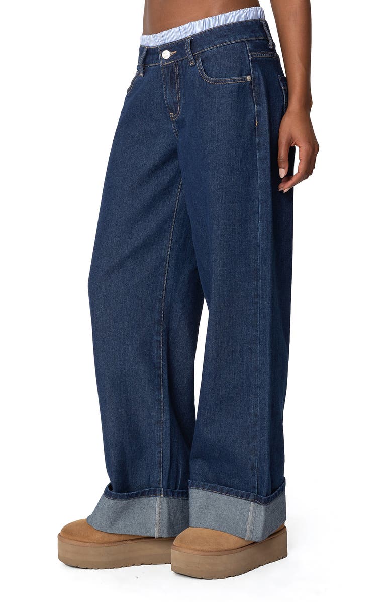 EDIKTED Boxer Detail Low Rise Cuffed Wide Leg Jeans, Alternate, color, Dark-Blue