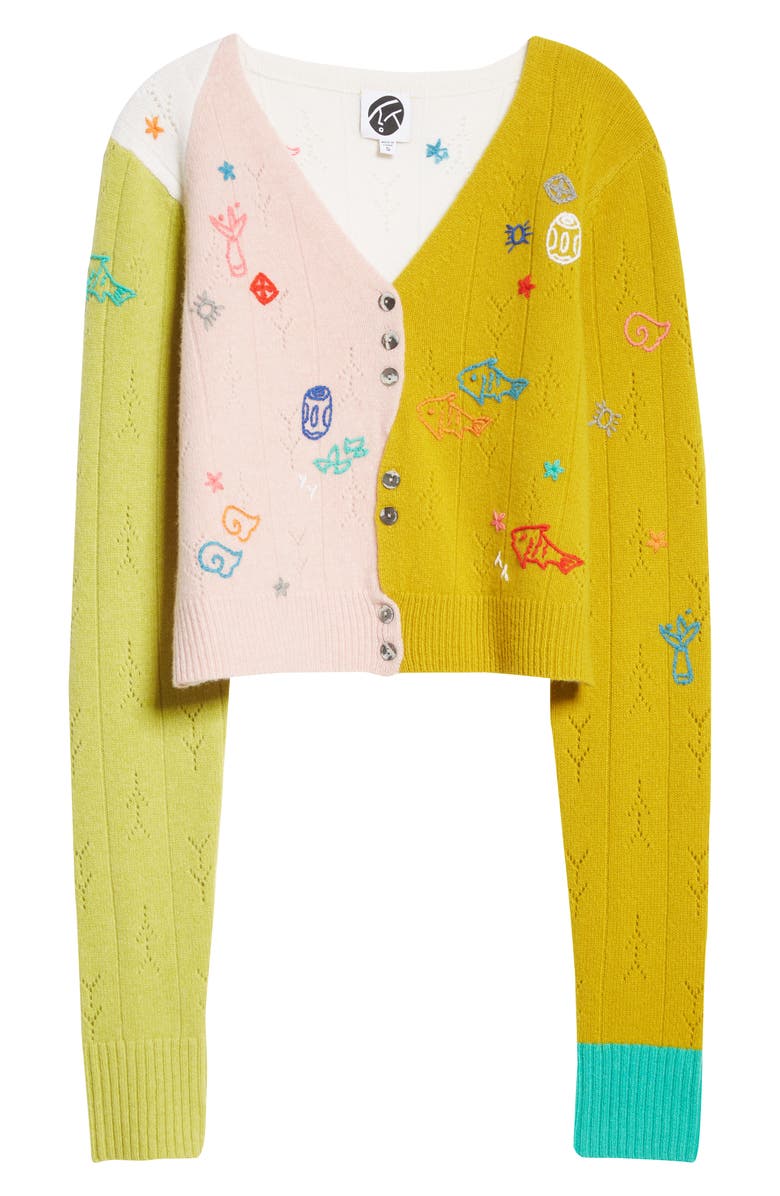 YanYan Curious Embroidered Colorblock Lambswool Cardigan, Alternate, color, 