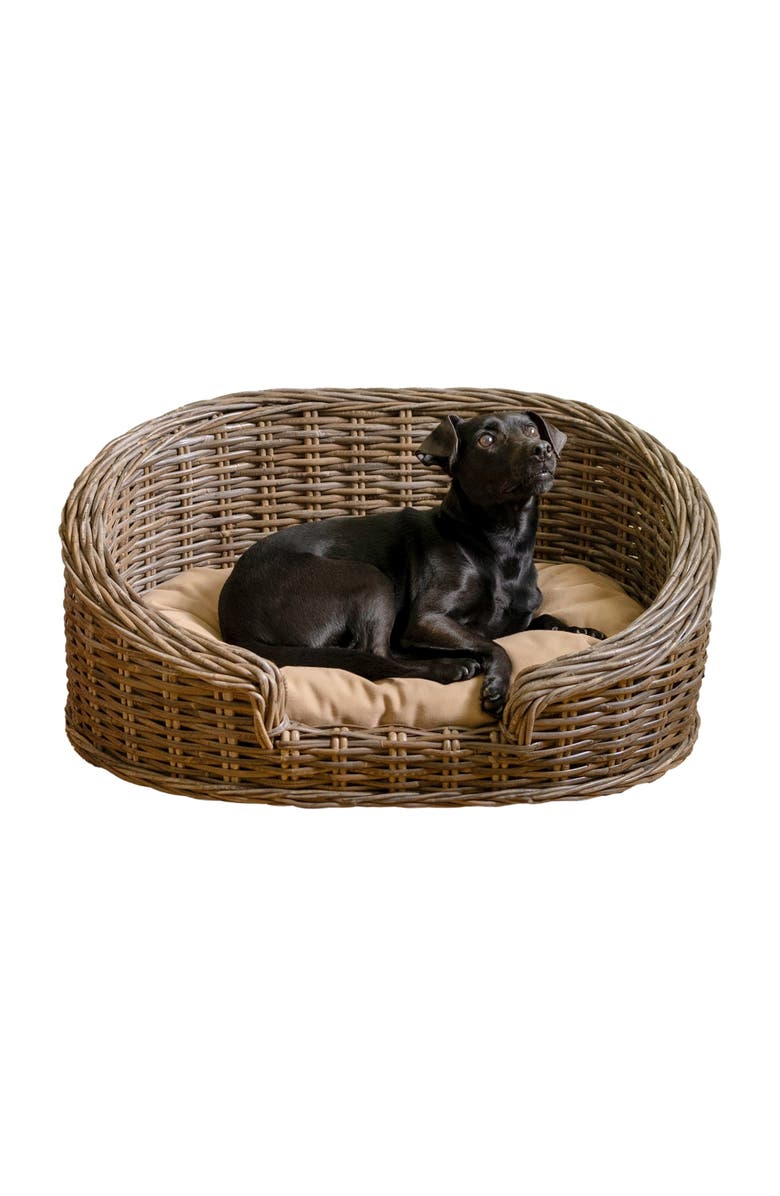 The Licker Store Curvy Classic Handwoven Rattan Pet Bed with Machine-Washable Cushion, Alternate, color, Kubu Gray (28.5L X 17.5W)