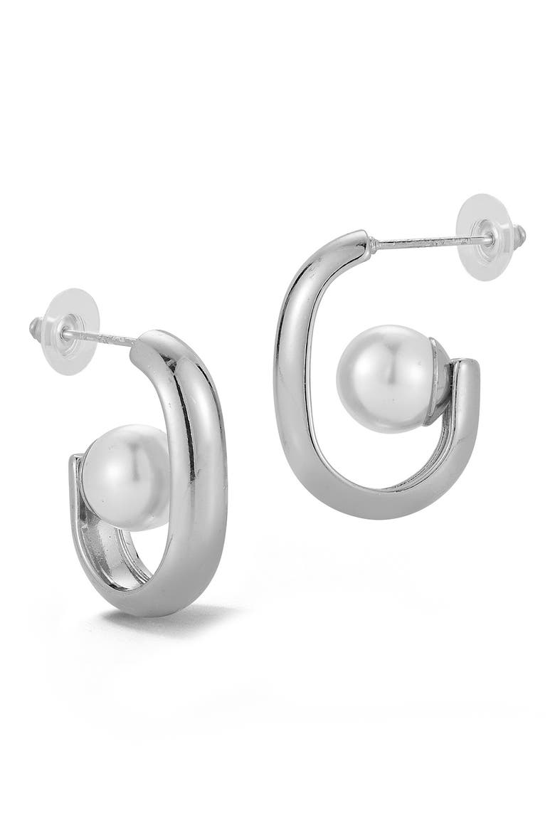 Faux Pearl Hoop Earrings, Main, color, SILVER