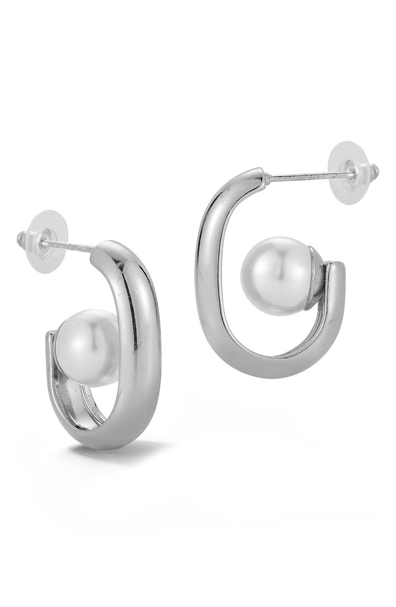 GLAZE JEWELRY Faux Pearl Hoop Earrings, Main, color, Silver