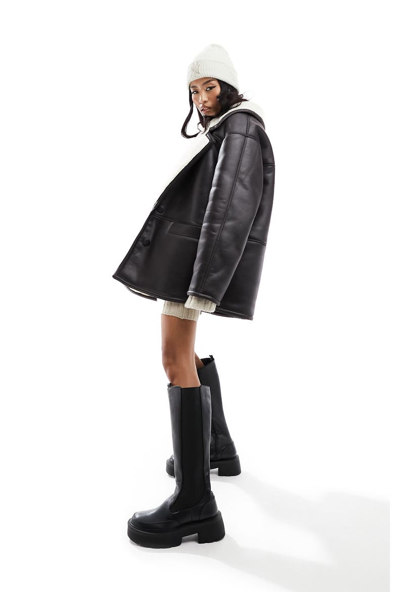 Faux Leather & Faux Shearling Car Coat, Alternate, color, BROWN