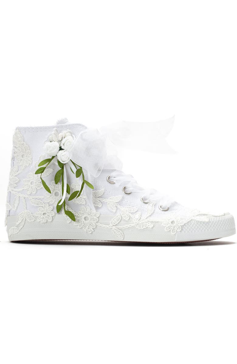 Forever & Always Shoes Sylvara Floral Lace Ribbon Bridal High Top Sneaker, Alternate, color, Ivory