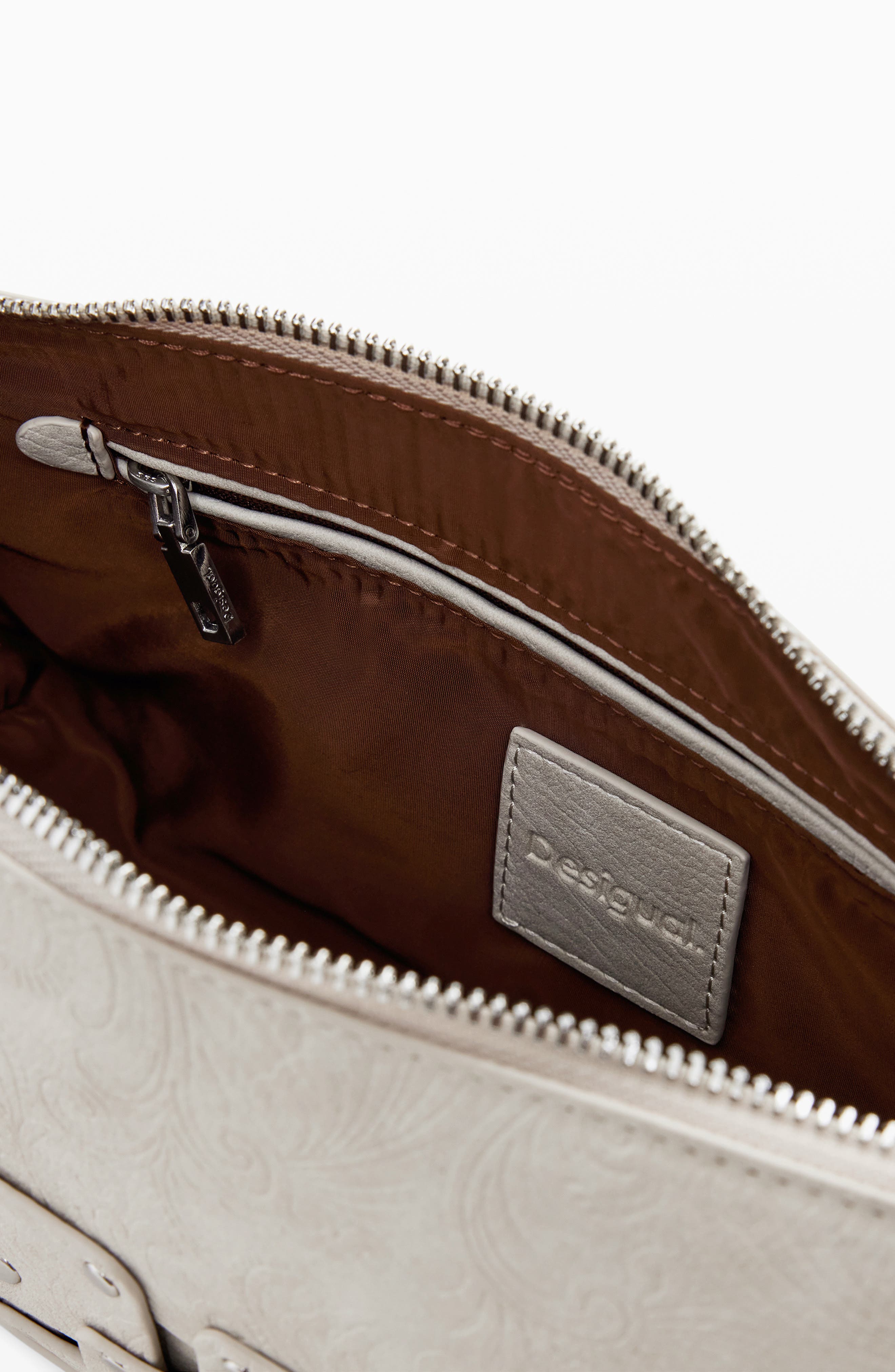 Desigual Studded Patchwork Faux Leather Crossbody Bag, Alternate, color, Light Gray