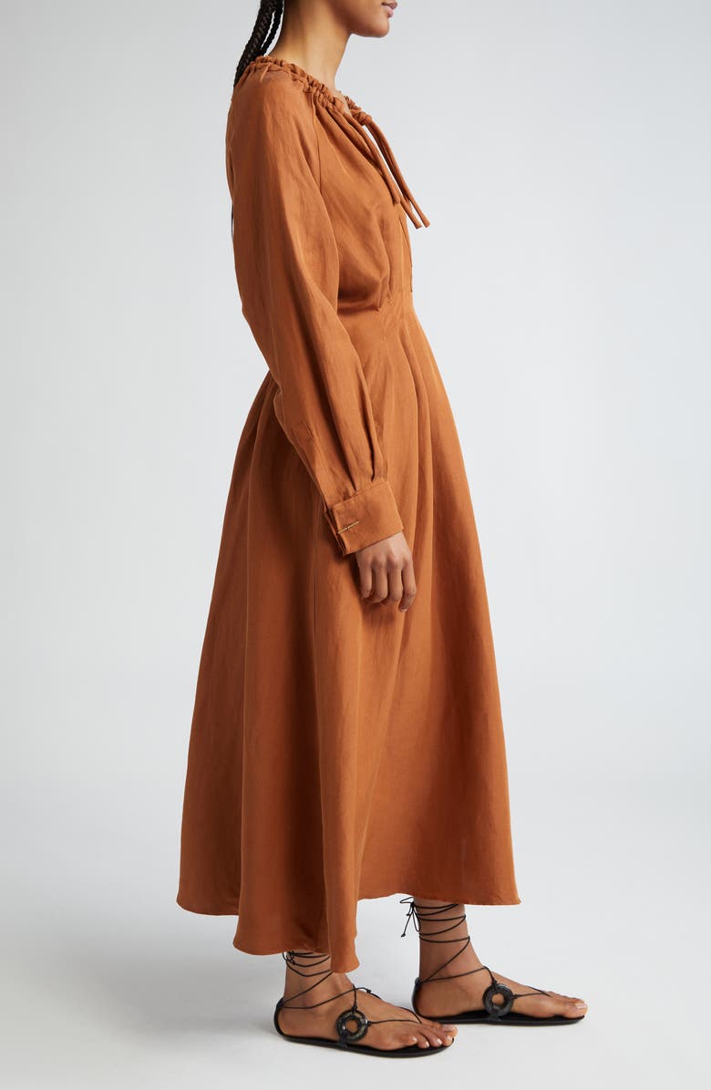 Max Mara Drina Pleated Waist Long Sleeve Linen & Silk Dress, Alternate, color, Tobacco