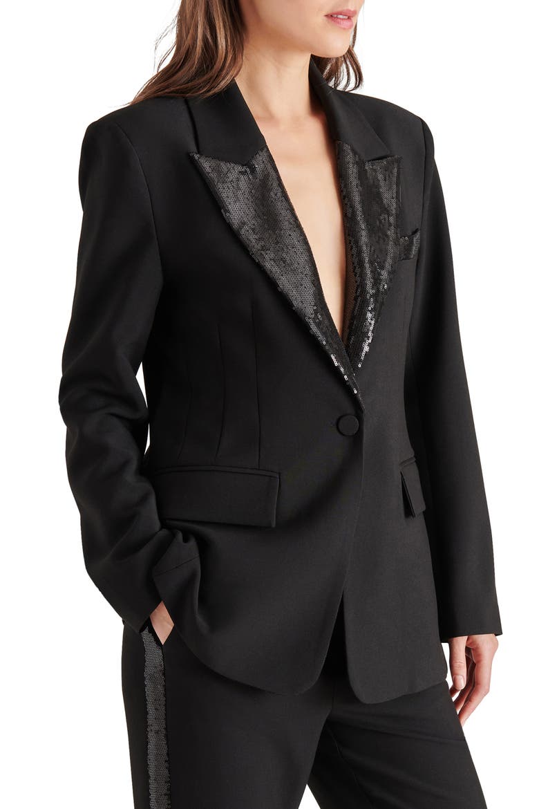 Misha Sequin Trim Satin Blazer, Alternate, color, BLACK