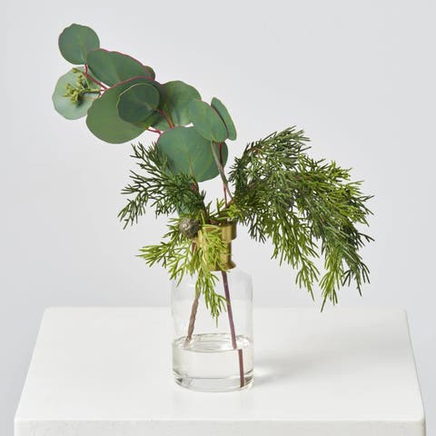 Silver Dollar Eucalyptus & Lifelike Cedar in Gold Rim Bottle Vase