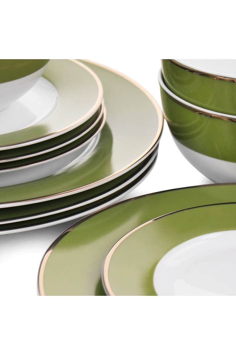 Gold Rimmed 12 piece Fine Ceramic Dinnerware Set, Alternate, color, Green
