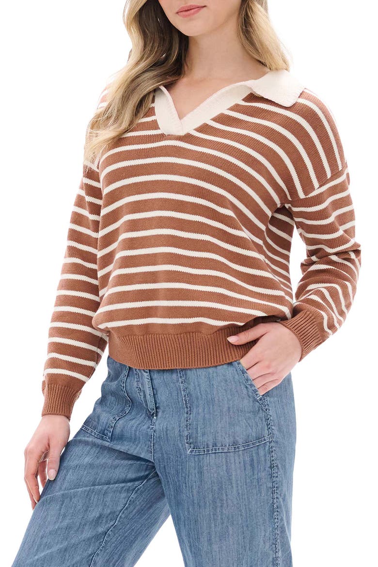 Johnny Collar Striped Cotton Sweater, Main, color, CAMEL