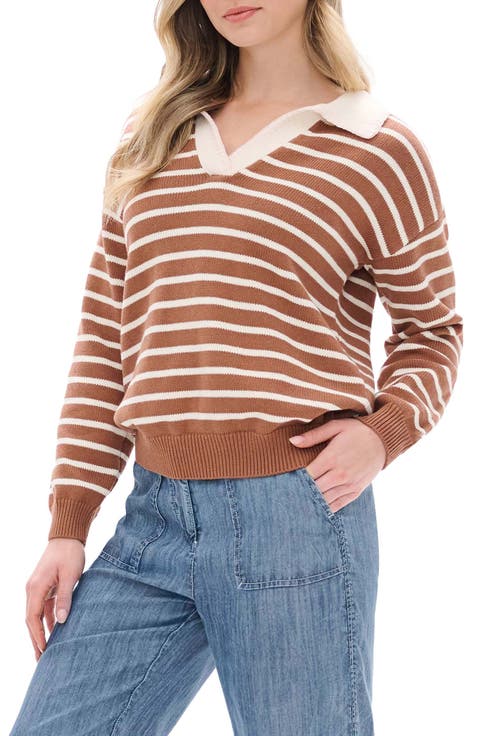 Johnny Collar Striped Cotton Sweater