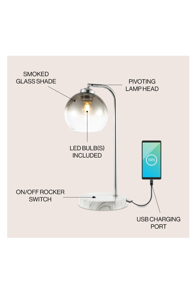 JONATHAN Y Ada 20" Industrial Contemporary Iron/Glass LED Task Lamp with USB Charging Port, Chrome/Smoke Gray, Alternate, color, Chrome