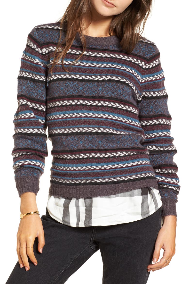 Fair Isle Stripe Sweater, Main, color, BURGUNDY FIG STRIPED FAIRISLE