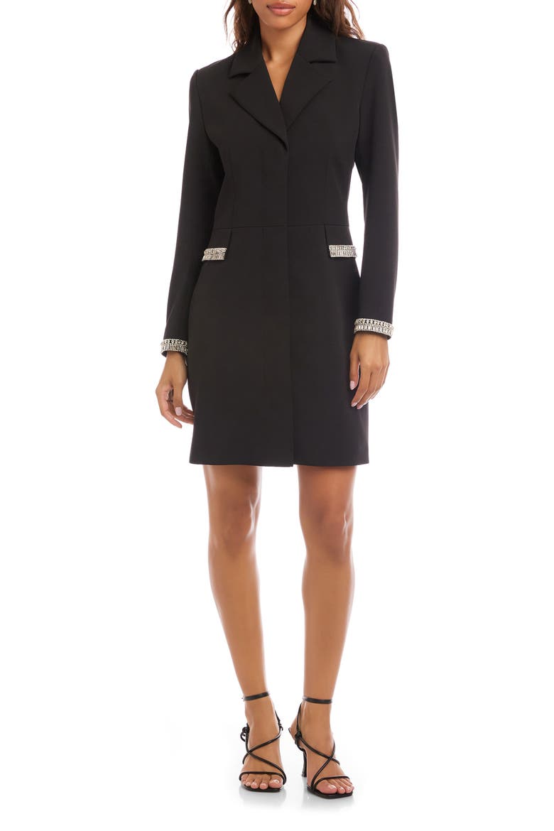 Rhinestone Detail Long Sleeve Crepe Blazer Dress, Main, color, BLACK