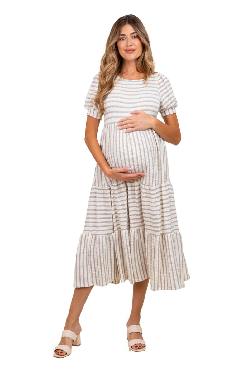 PinkBlush Striped Short Sleeve Tiered Maxi Dress, Main, color, Taupe