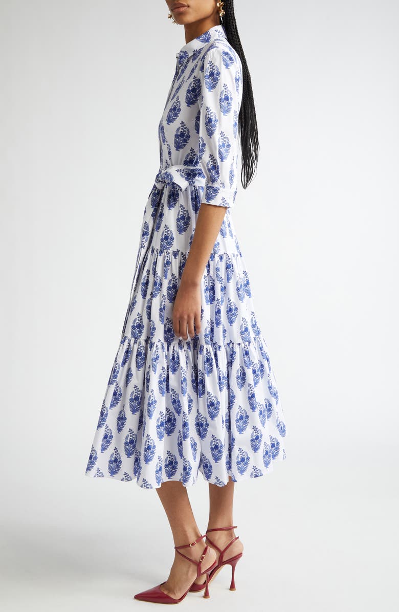Carolina Herrera Floral Print Tiered Stretch Cotton Shirtdress, Alternate, color, White Multi