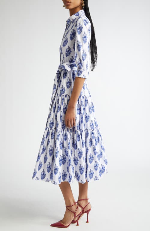 Shop Carolina Herrera Floral Print Tiered Stretch Cotton Shirtdress In White Multi