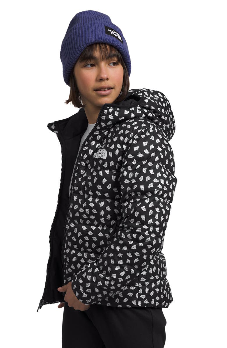 The North Face Kids' Reversible Hooded 600-Fill Power Down Jacket, Alternate, color, Tnf Black/ Tnf Mini Toss Print