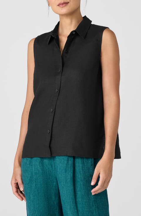 Classic Sleeveless Organic Linen Button-Up Shirt