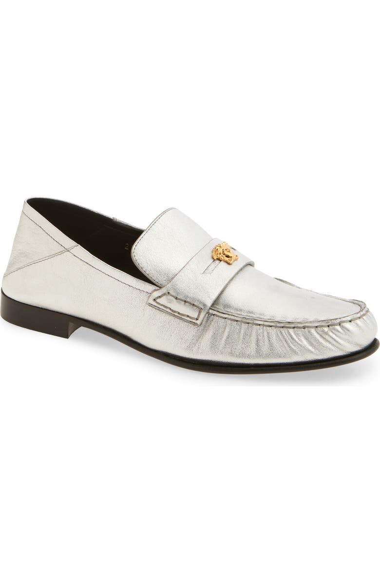 Versace Medusa Convertible Metallic Penny Loafer, Main, color, Silver-Versace Gold