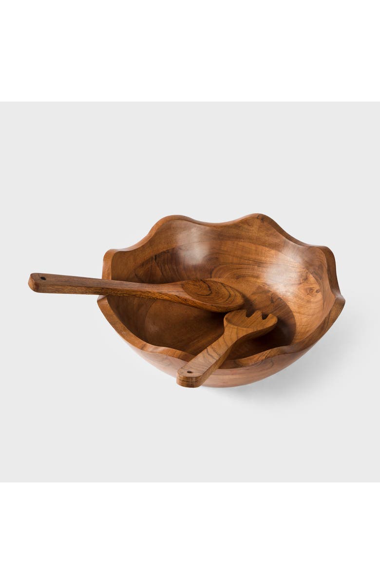 Mela Artisans Acacia Wood Large Scalloped Bowl with Servers, Alternate, color, Brown
