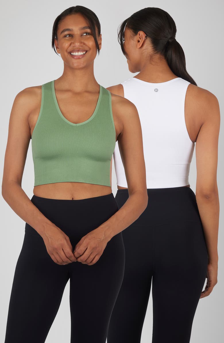 90 DEGREE BY REFLEX Seamless V-Neck Rib Crop Tank, Alternate, color, Green Bay/White