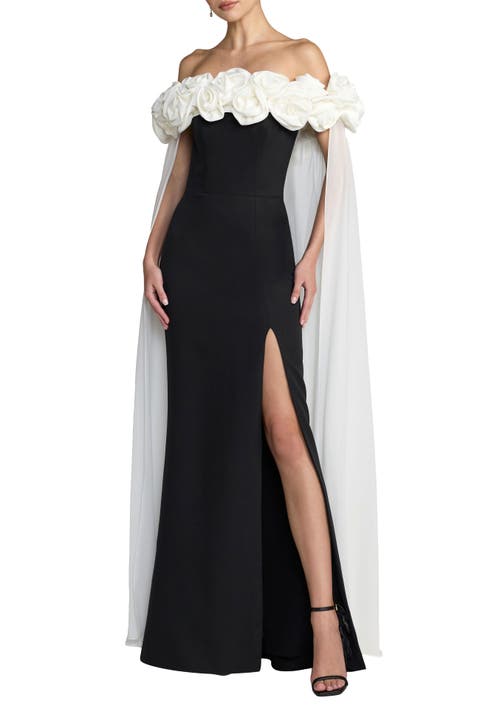 Off The Shoulder Crepe Gown With Chiffon Cape