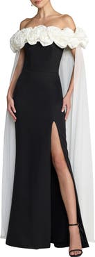 Mac Duggal Off The Shoulder Crepe Gown With Chiffon Cape