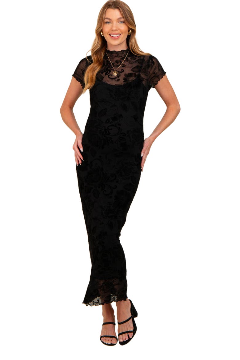 Floral Mesh Overlay Fitted Maxi Dress, Alternate, color, Black