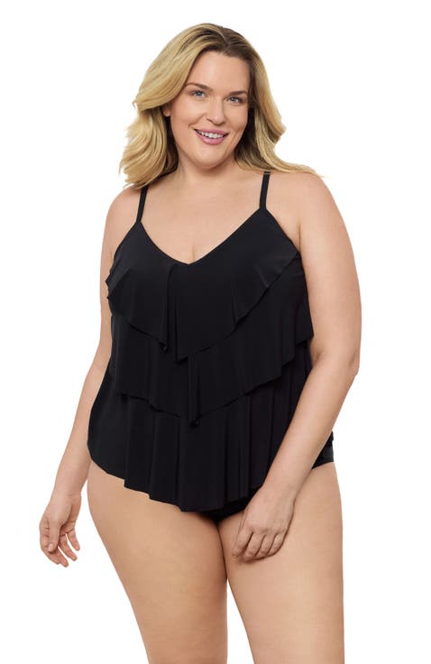 Plus Size Triple Ruffle Tier Adjustable Tankini Swimsuit Top