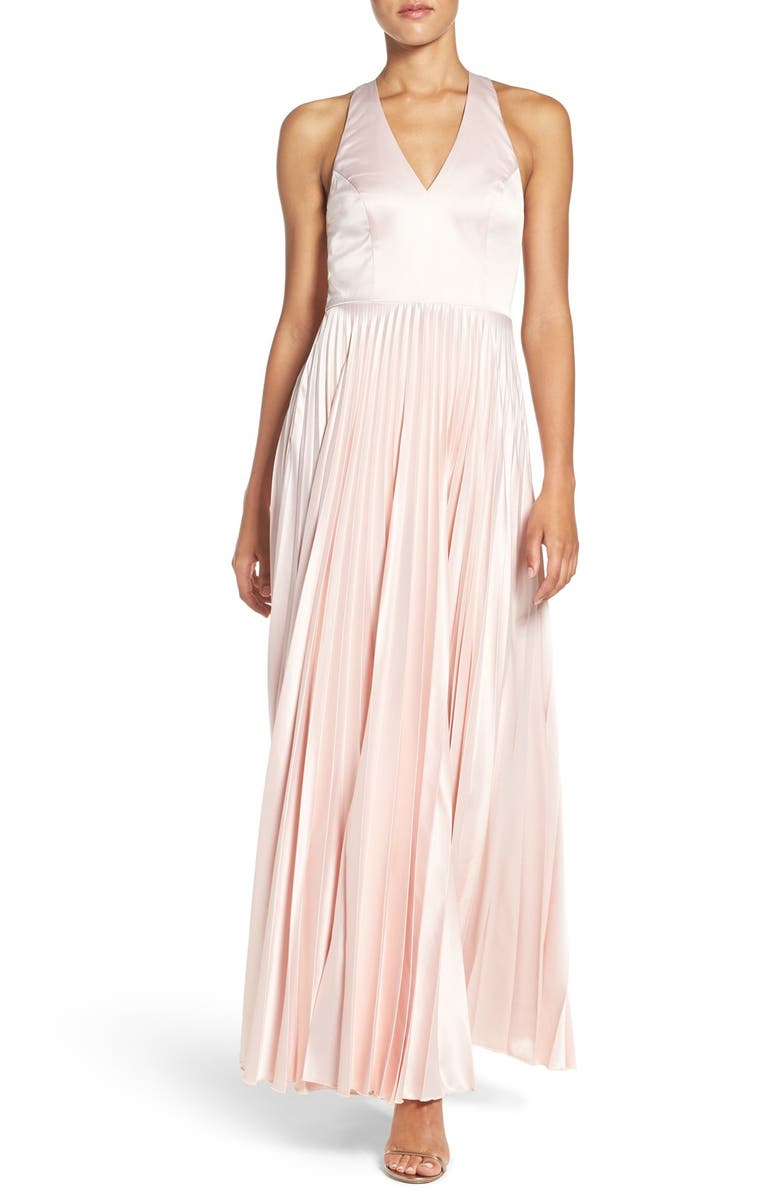 Lulus Bow Back Pleat Satin Gown, Main, color,