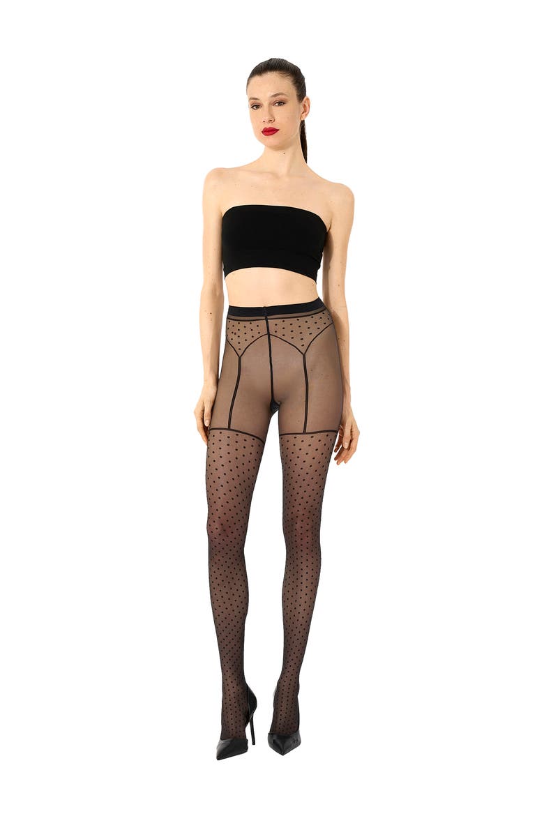 Illusion Garter Belt Polka Dot Tights, Alternate, color, BLACK/ BLACK
