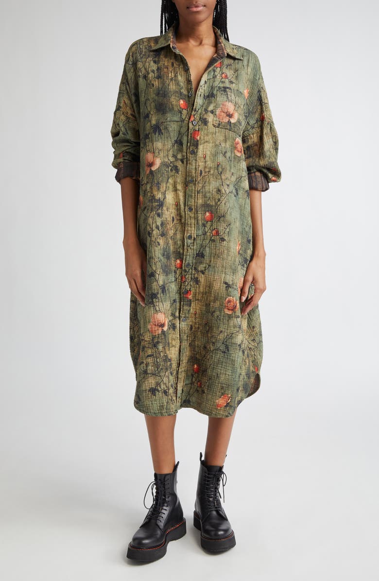 R13 Jumbo Long Sleeve Shirtdress, Main, color, Plaid With Turquoise Floral