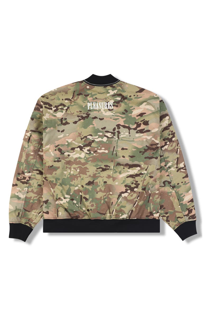 PLEASURES Rhinestone Embellished Camo Print Cotton Bomber Jacket, Alternate, color, Camo