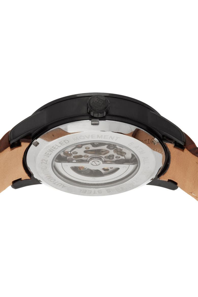 Davies Semi-Skeleton Leather-Band Watch, Alternate, color, Black/Brown