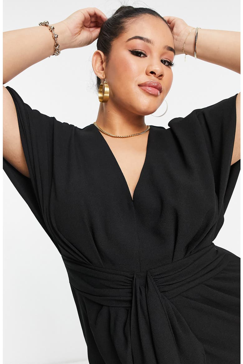 Curve Tie Waist Crepe Midi Dress, Alternate, color, BLACK