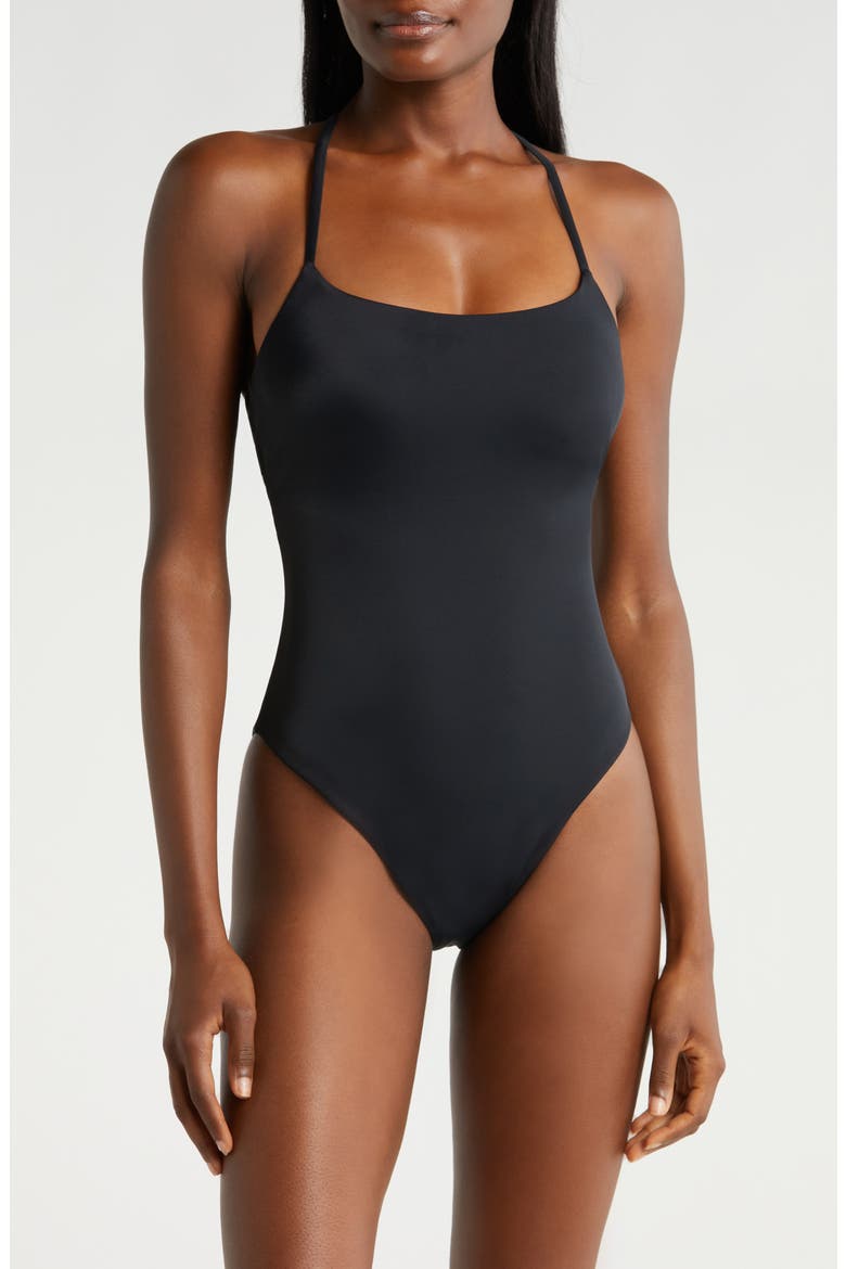 The Fiji Lace-Up Back One-Piece Swimsuit, Main, color, BLACK