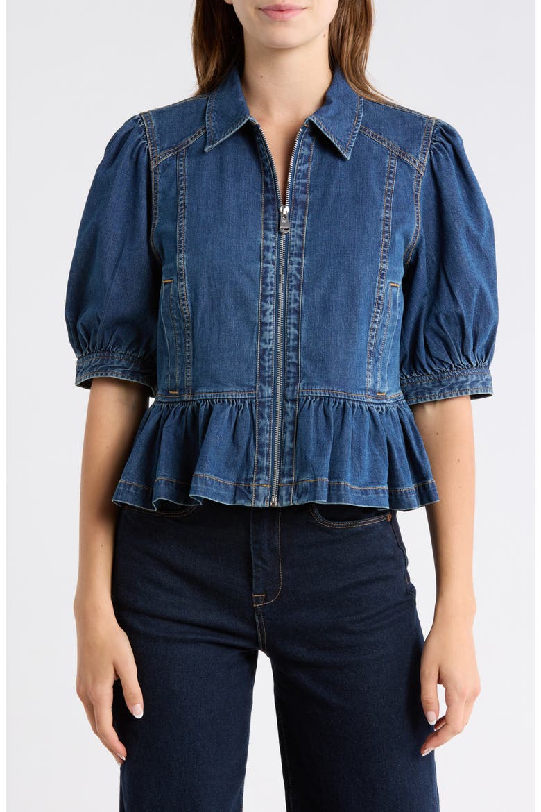 Daphne Puff Sleeve Peplum Denim Jacket, Main, color, RUISSEAU