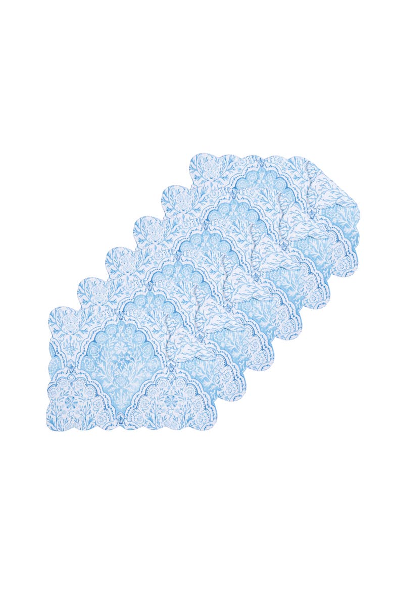 Chinoiserie Coast Reversible Machine Washable Scallop Quilt Placemats Set of 6, Main, color, Blue