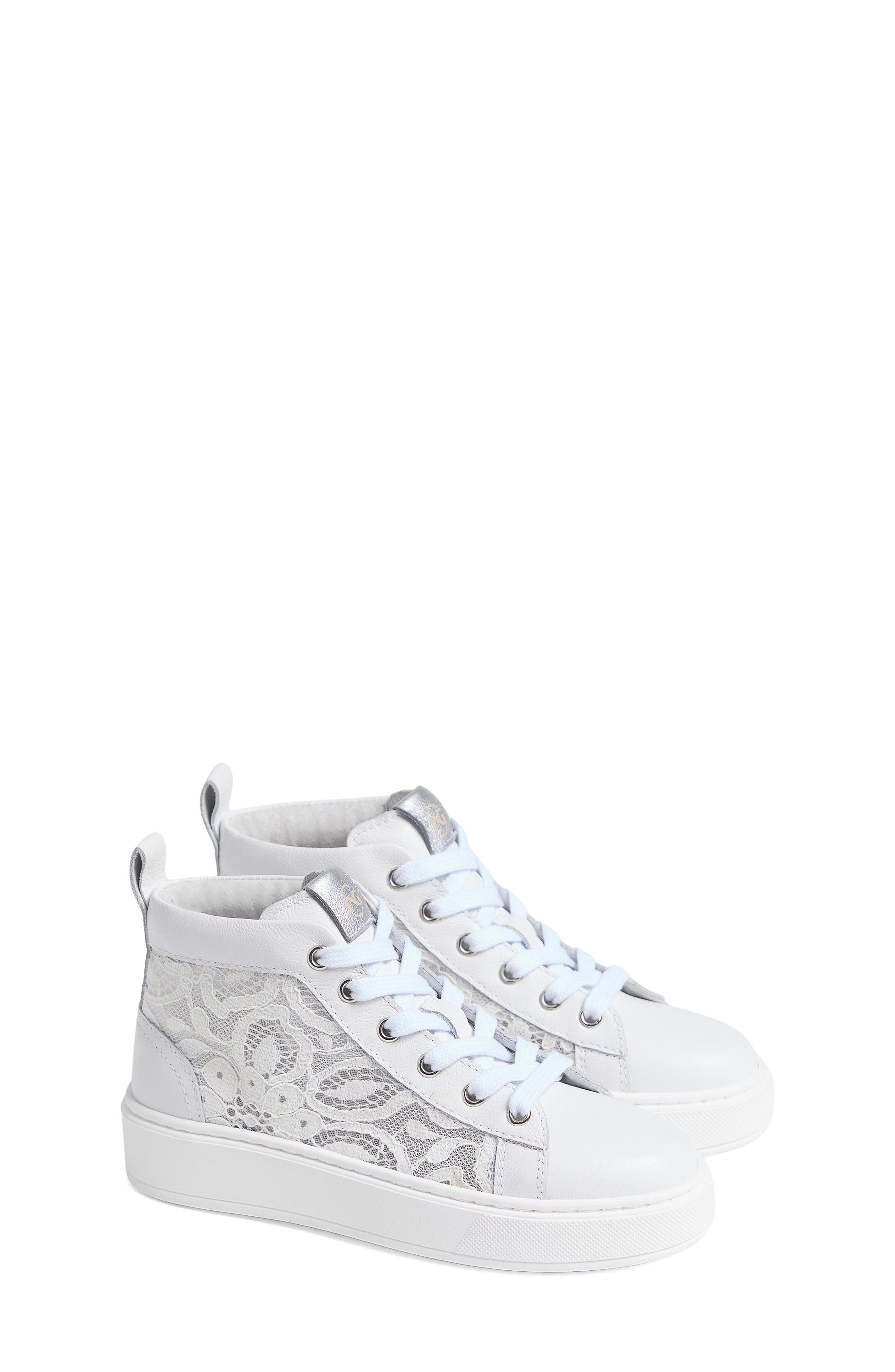 NeroGiardini Kids' Floral Mesh High Top Sneaker, Main, color, White