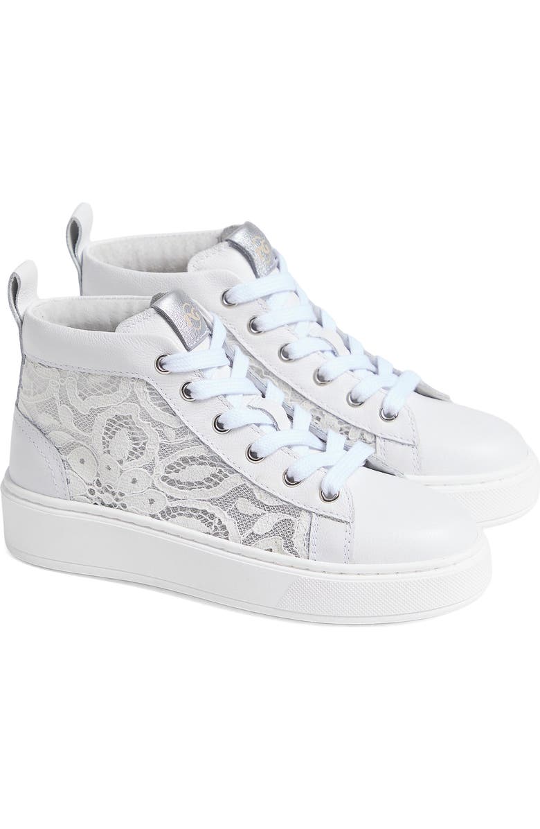 NeroGiardini Kids' Floral Mesh High Top Sneaker, Main, color, White
