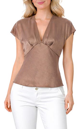 TASH AND SOPHIE Crushed Satin V-Neck Top in Mocha at Nordstrom Rack, Size Small
