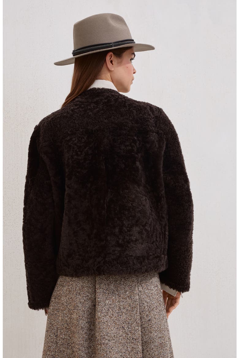 Fuzzy shearling cropped pea coat, Alternate, color, Rust Brown