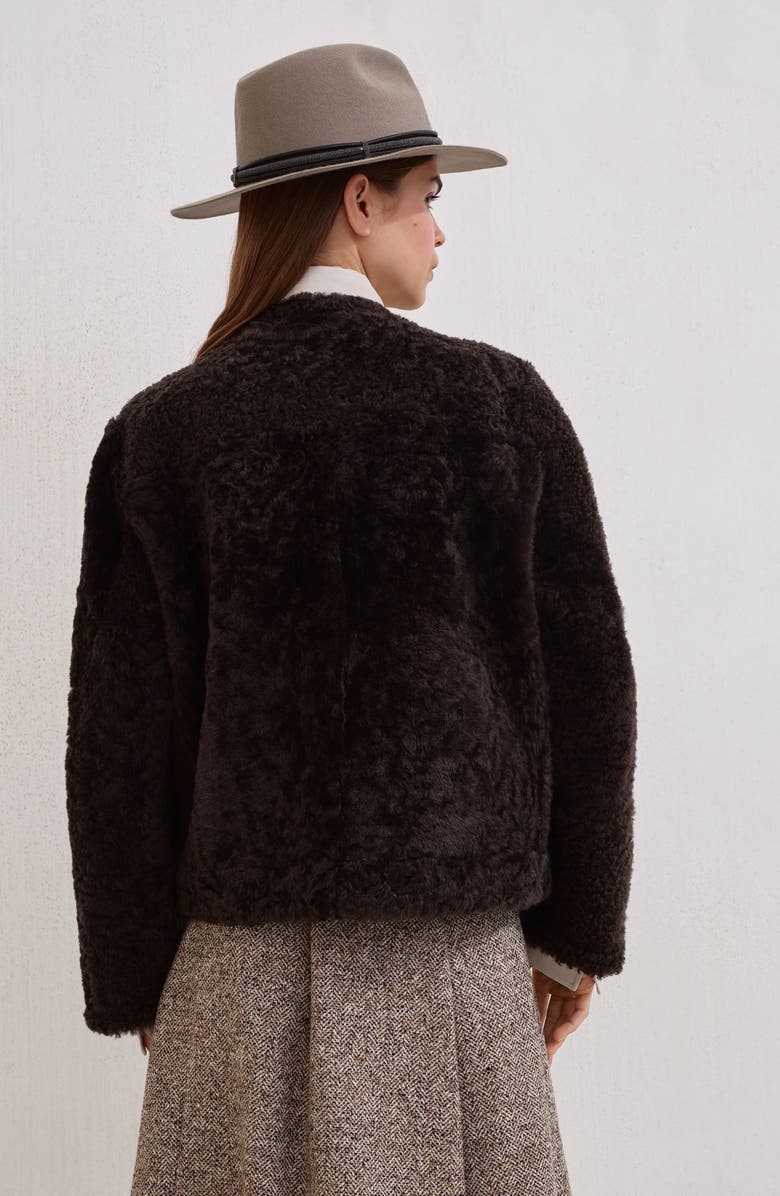 Brunello Cucinelli Fuzzy shearling cropped pea coat, Alternate, color, Rust Brown