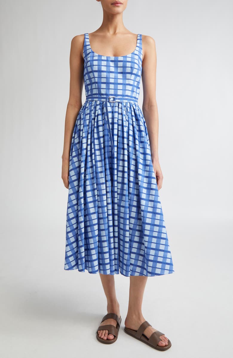 Emilia Wickstead Eglantine Belted Cotton Poplin Fit & Flare Dress, Main, color, Painted Gingham Blue