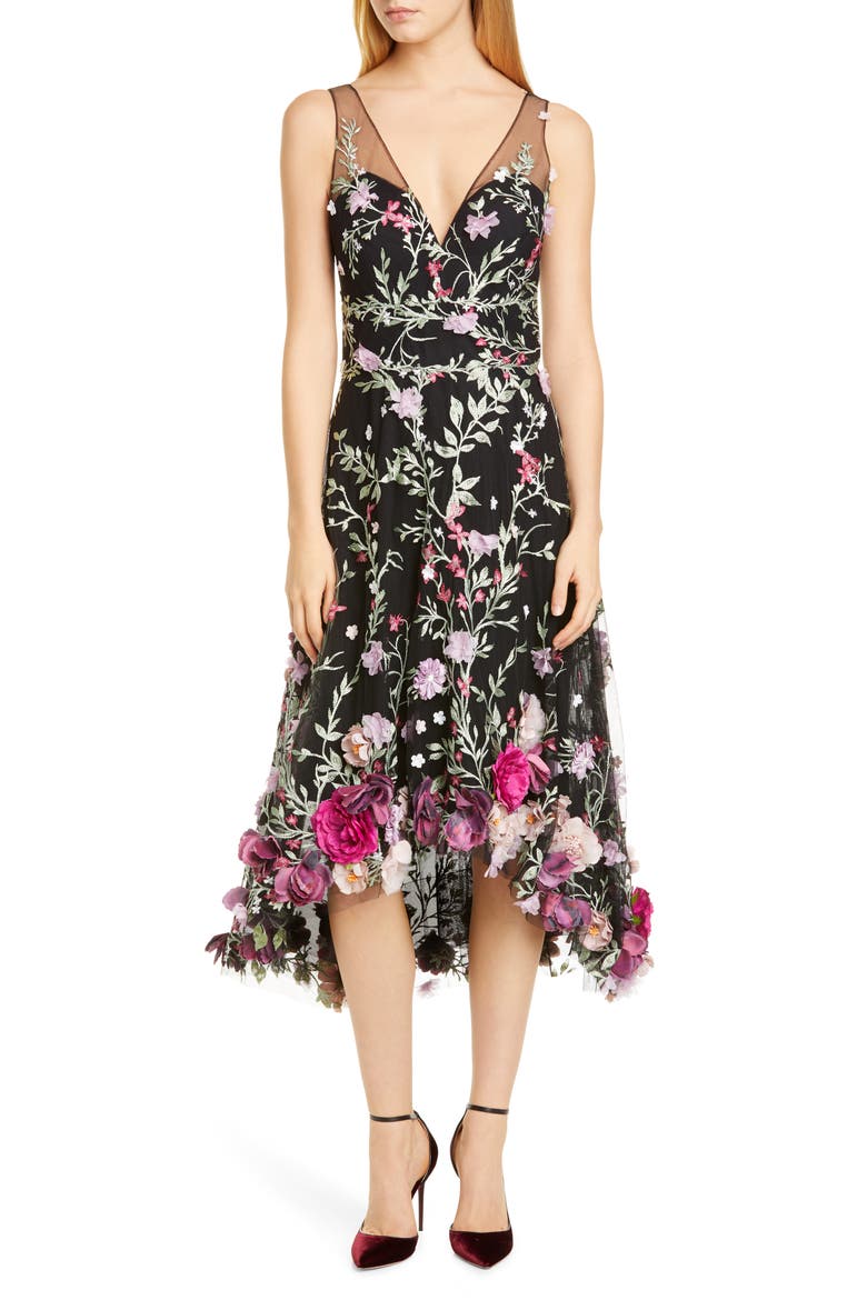 Floral Appliqué High/Low Cocktail Dress, Main, color, BLACK