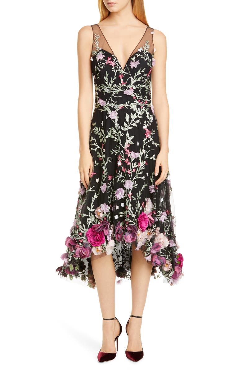 Marchesa Notte Floral Appliqué High/Low Cocktail Dress, Main, color,