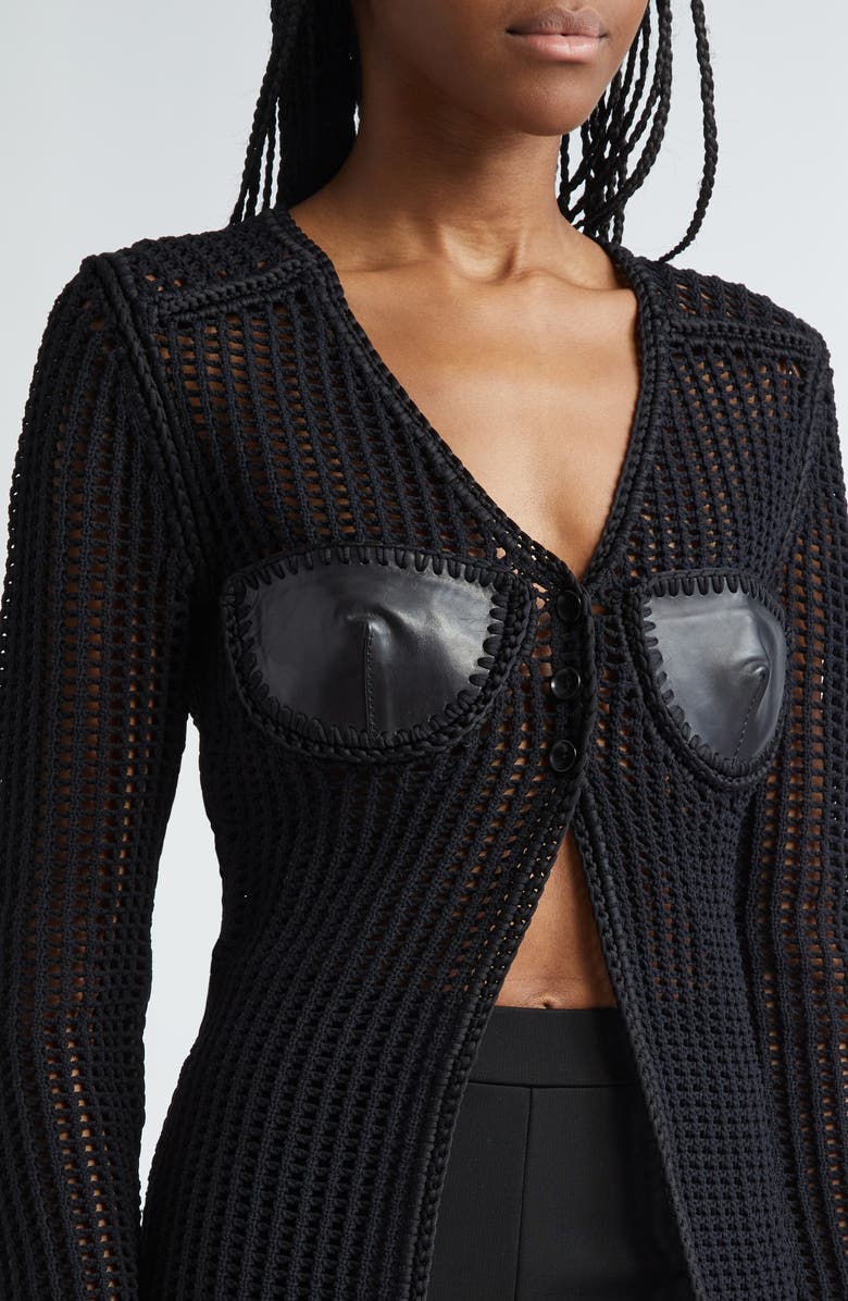 Alexander Wang Leather Bustier Crochet Cardigan, Alternate, color, Black