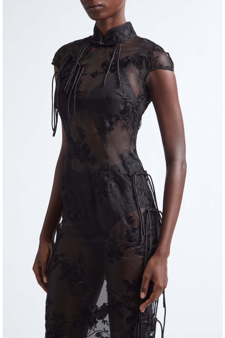 Xinyi Floral Embroidered Silk Organza Qipao Dress, Alternate, color, BLACK